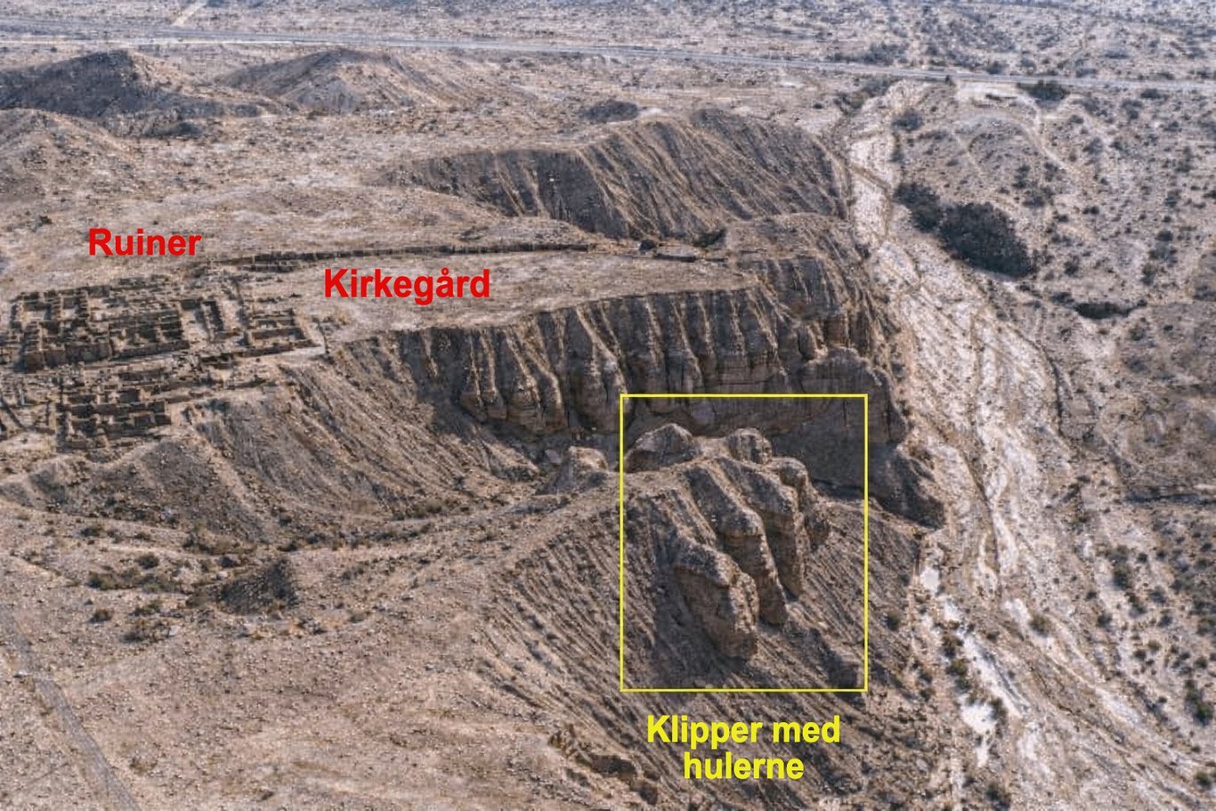 Vue générale du Site de Qumran avec, au premier plan, les falaises au flanc desquelles on découvrit les grottes contenant une partie des manuscrits.