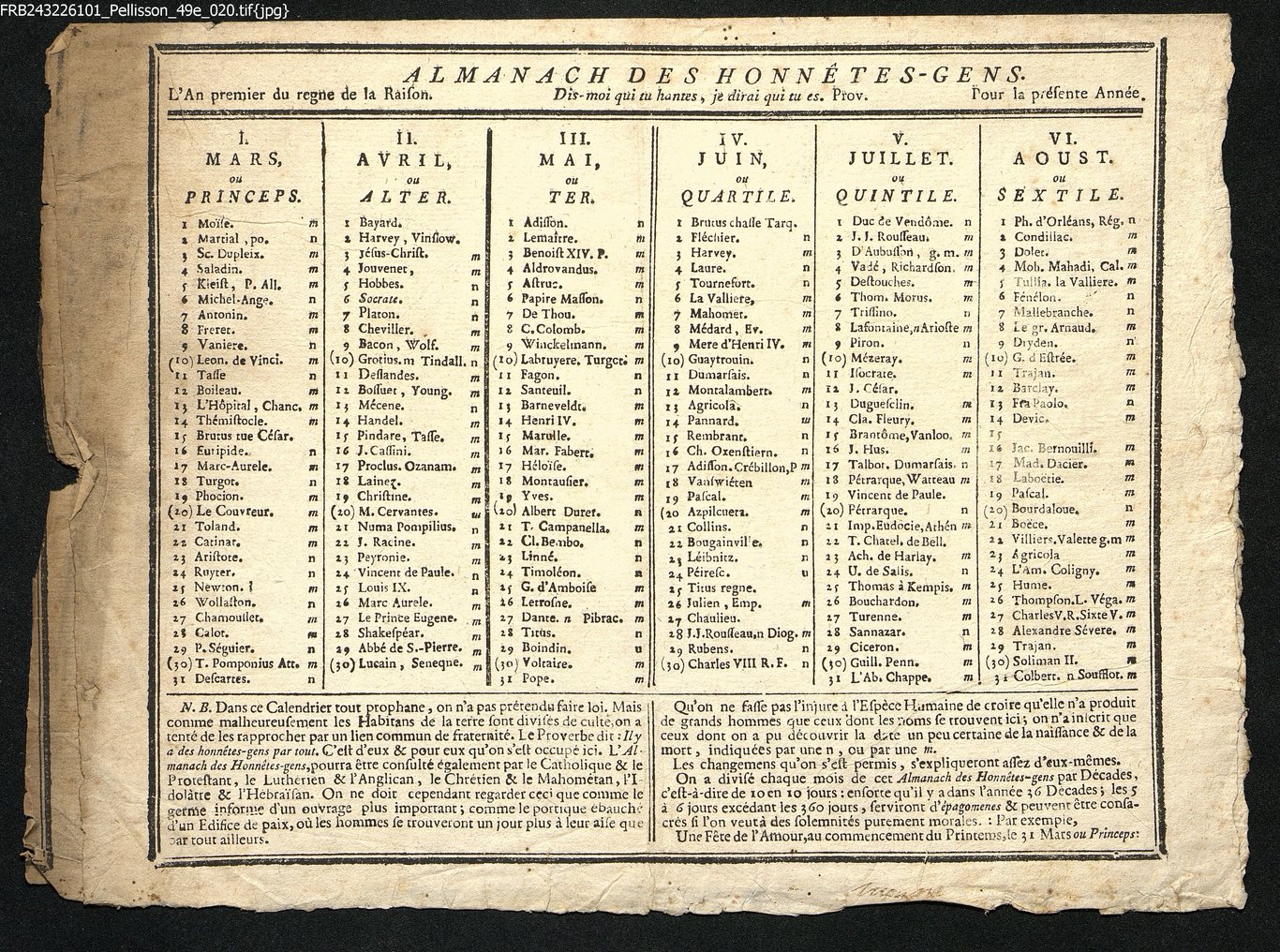 L'almanach des honnêtes gens, an premier du règne de la Raifon, mars à aoust.