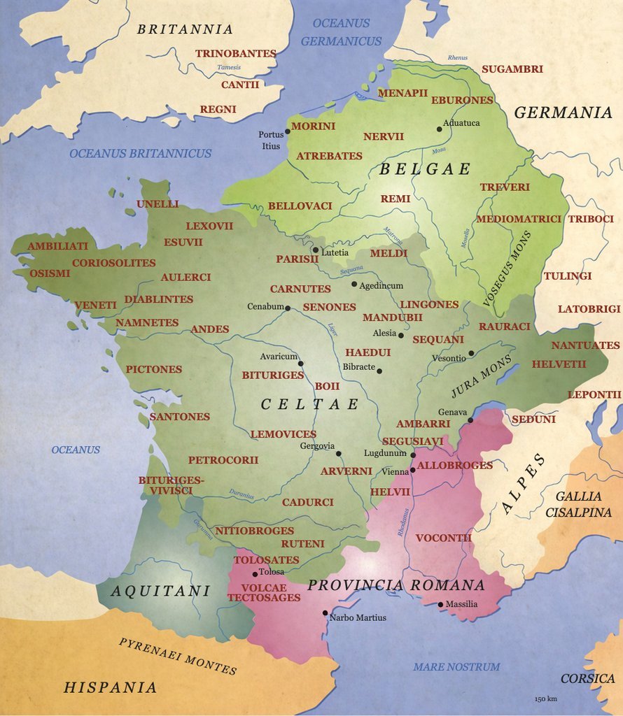 On retrouve sur cette carte la description faite par César et citée plus haut : Belges, Aquitains, Celtes (Gaulois).