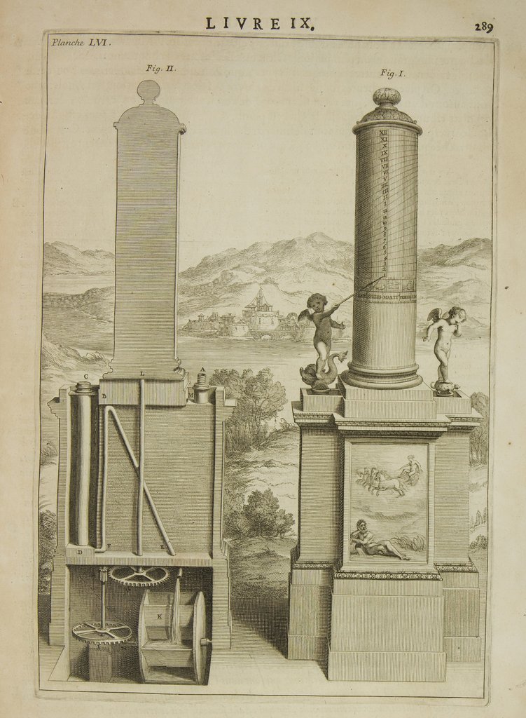 Horloge hydraulique de Ctésibios tiré de l'ouvrage Les dix livres d'architecture de Vitruve, Seconde édition, Bibliothèque de la Fondation Werner Oechslin, Einsiedeln
