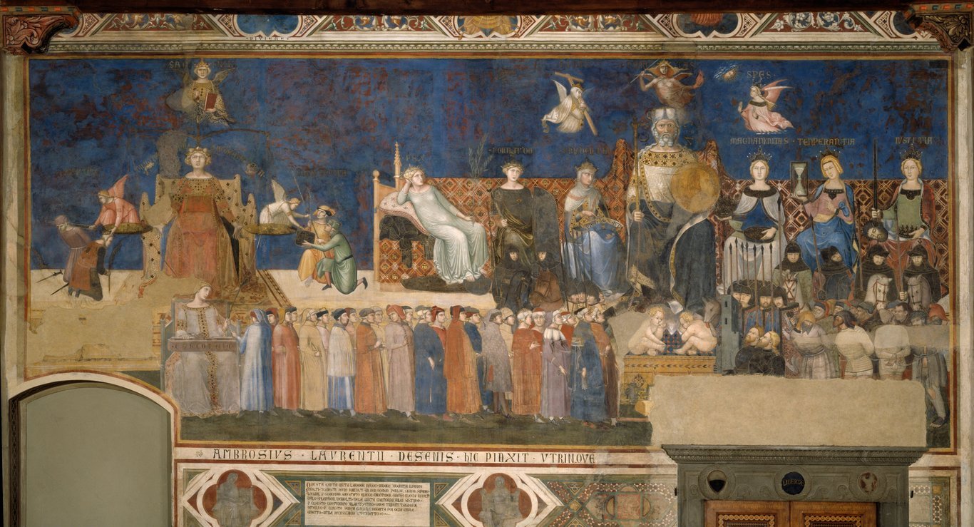 Allégorie du Bon Gouvernement, qui est le mur nord de l'ensemble de fresque d'Ambrogio Lorenzetti