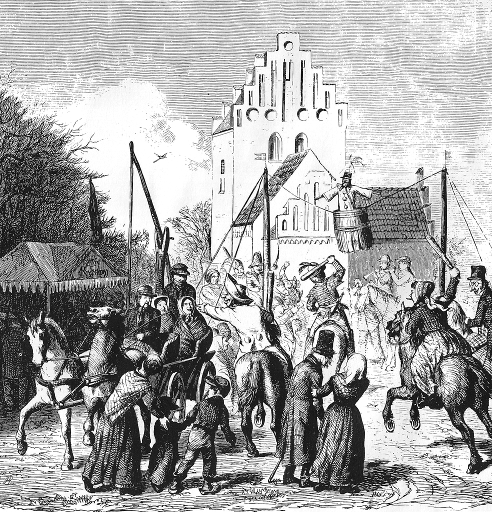 Fastelavn i Danmark: at slå katten af tønden (Xylografi, ~1862)