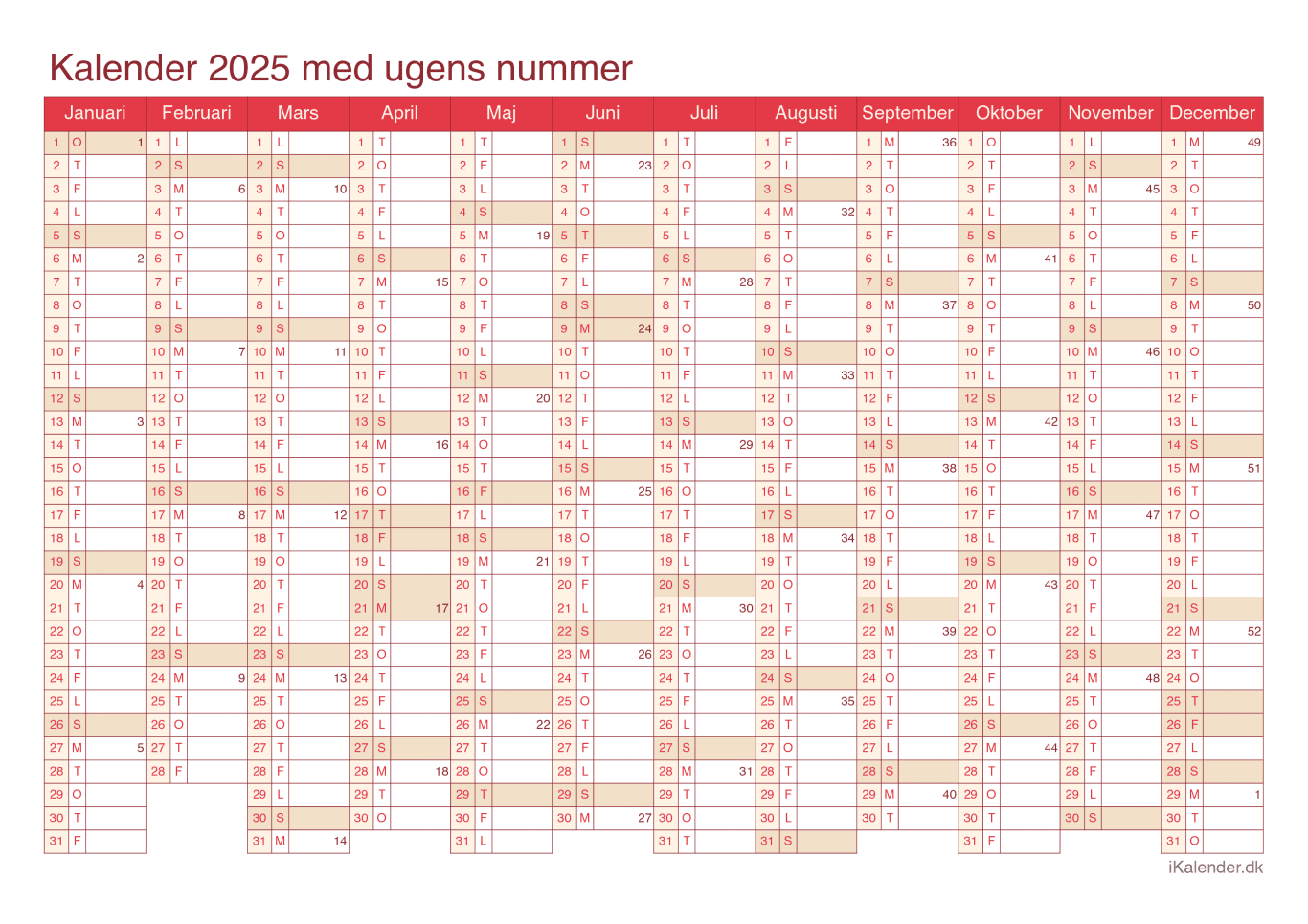 Kalender 2025 med ugenumre - Cherry