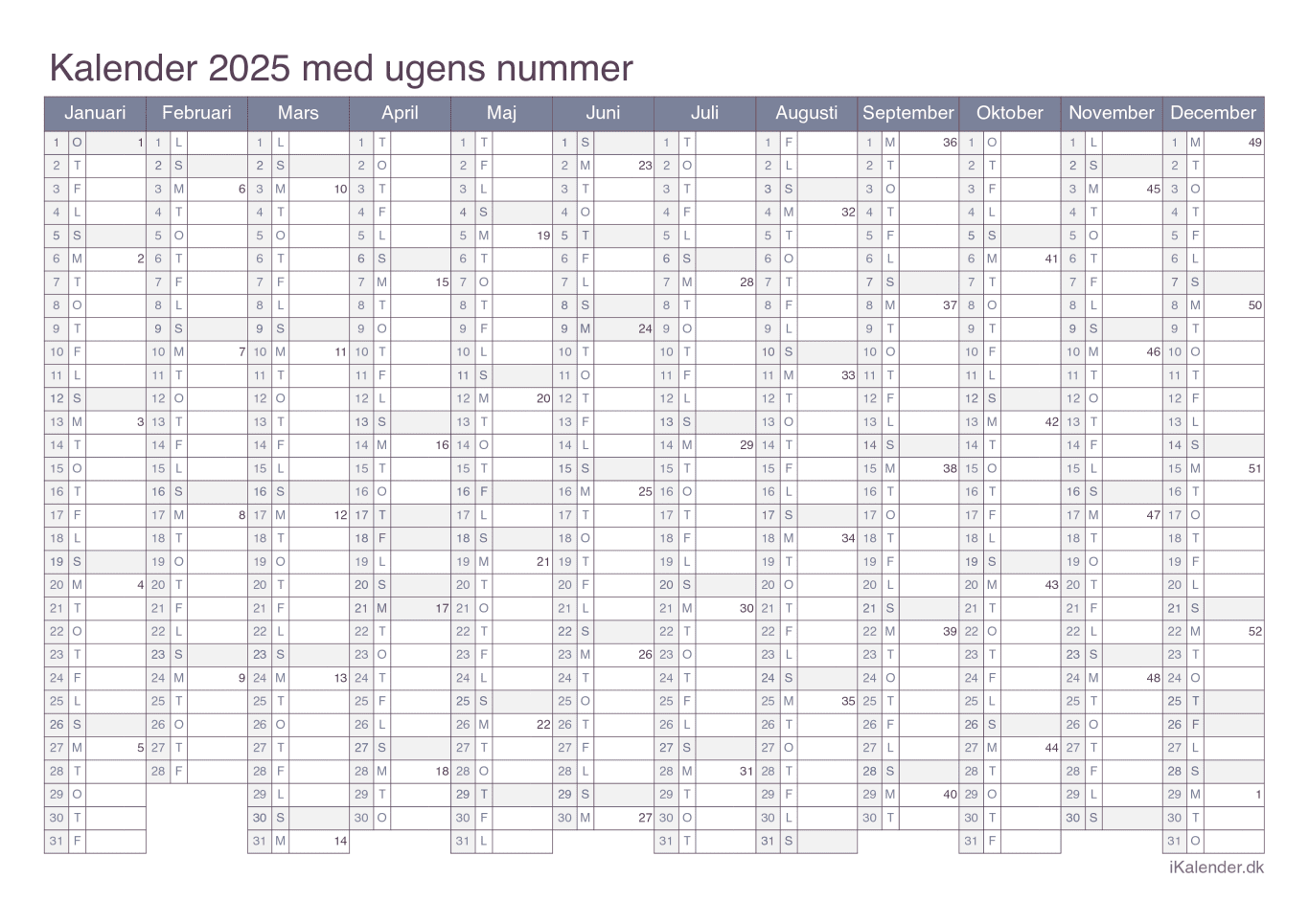 Kalender 2025 med ugenumre - Office