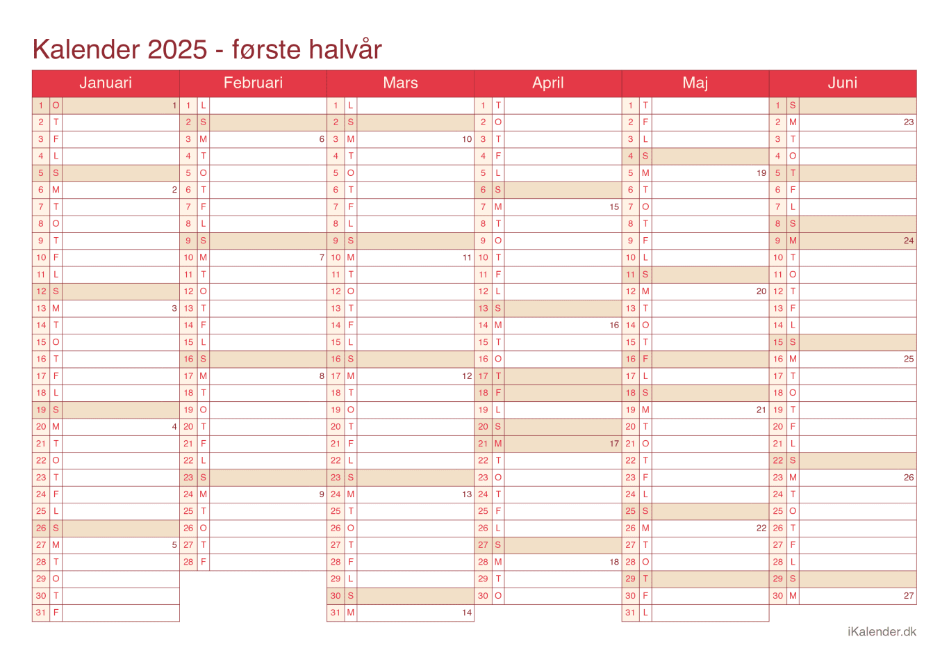 Halvårskalender 2025 med ugenumre - Cherry