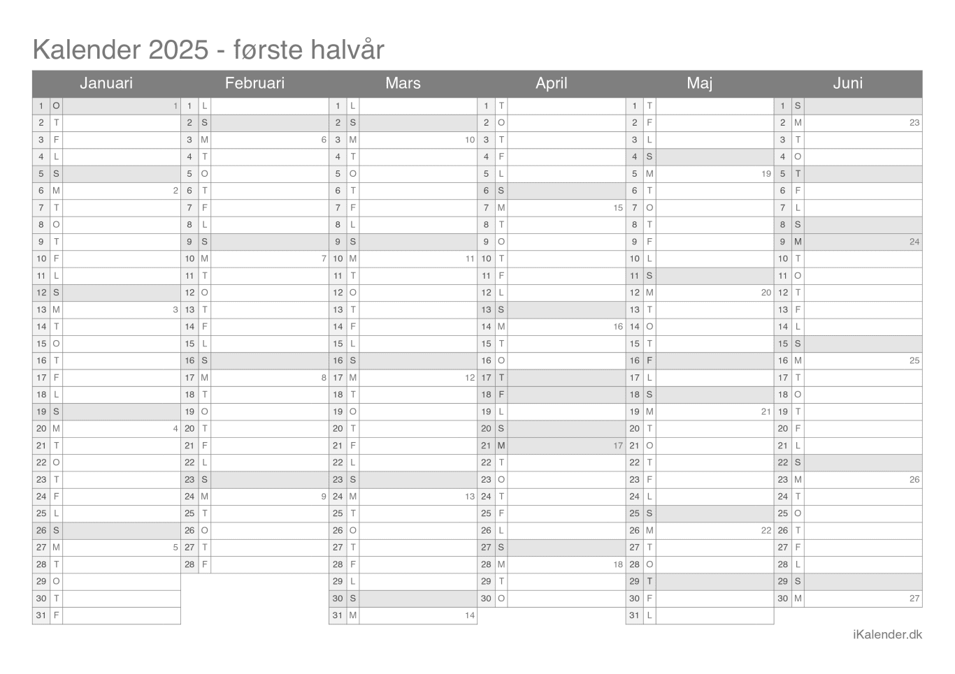 Halvårskalender 2025 med ugenumre