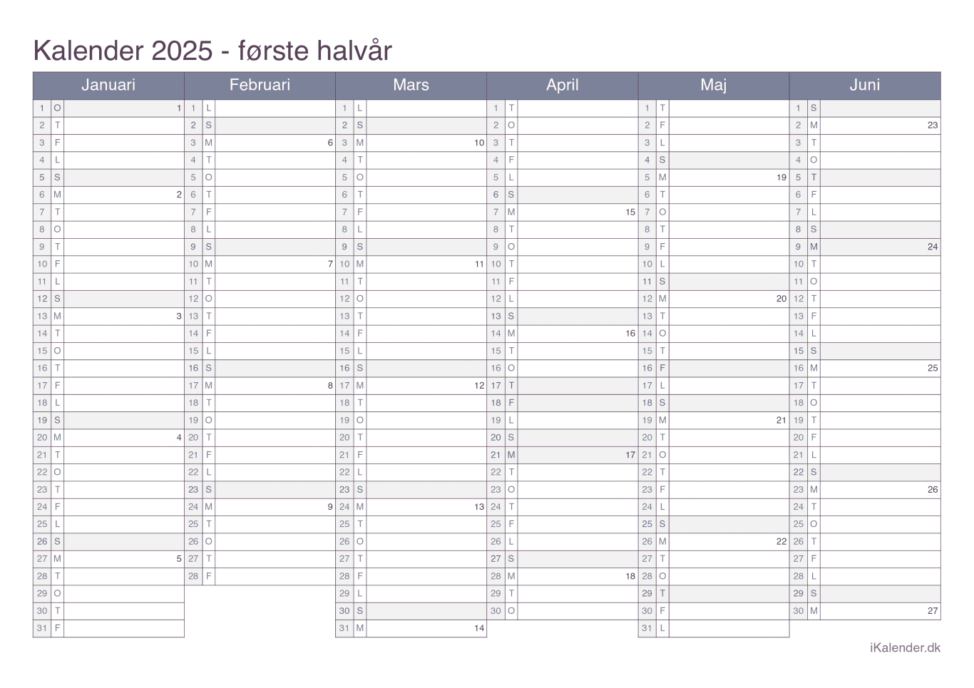 Halvårskalender 2025 med ugenumre - Office