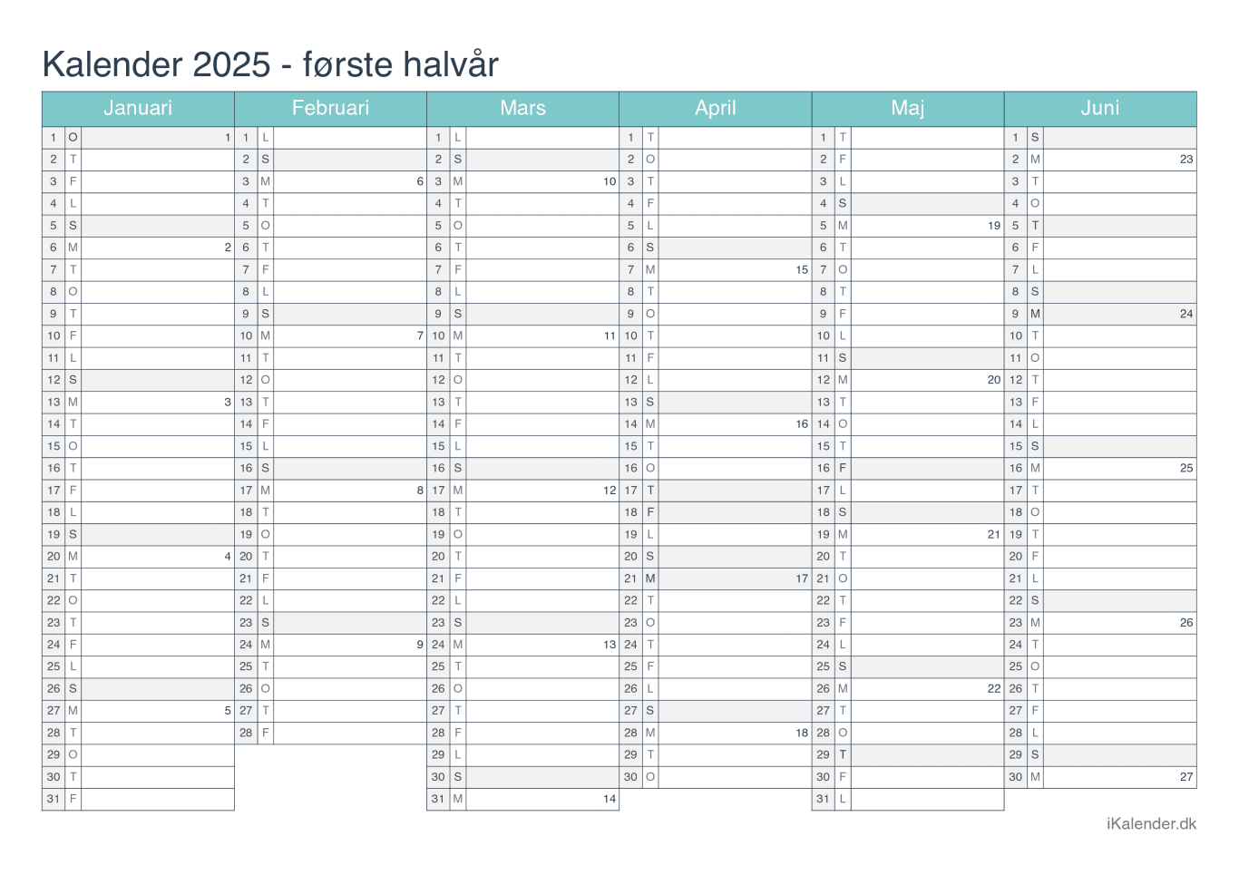 Halvårskalender 2025 med ugenumre - Turkis