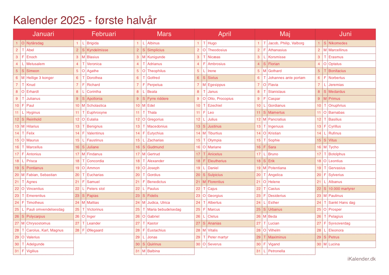 Halvårskalender 2025 med navnedage - Cherry