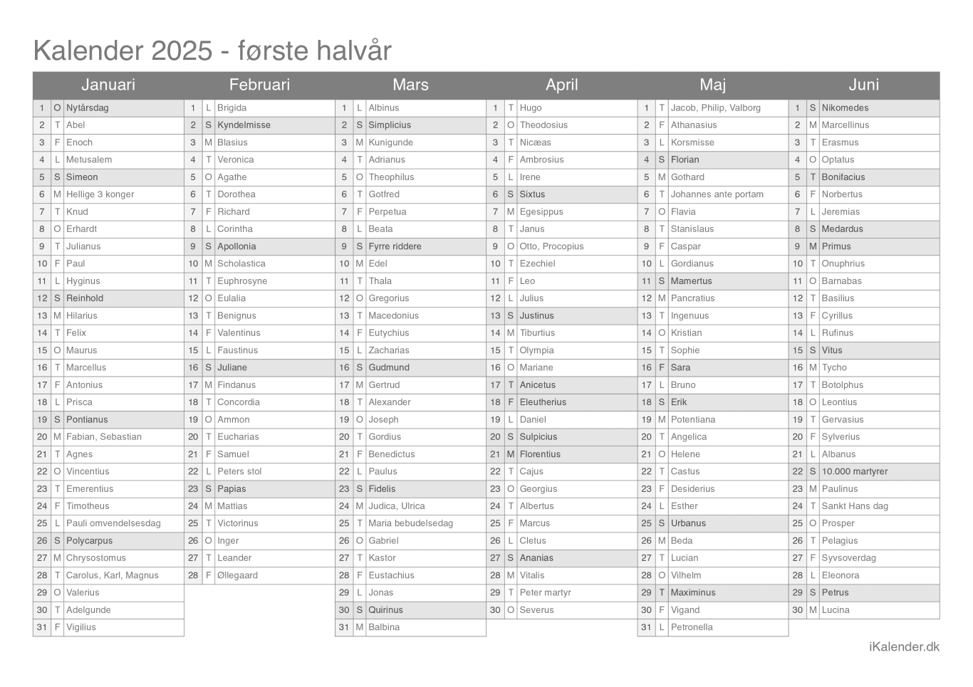 Halvårskalender 2025 med navnedage