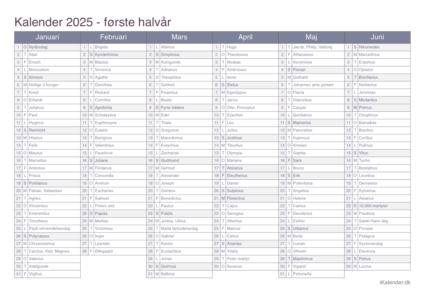 Halvårskalender 2025 med navnedage - Office