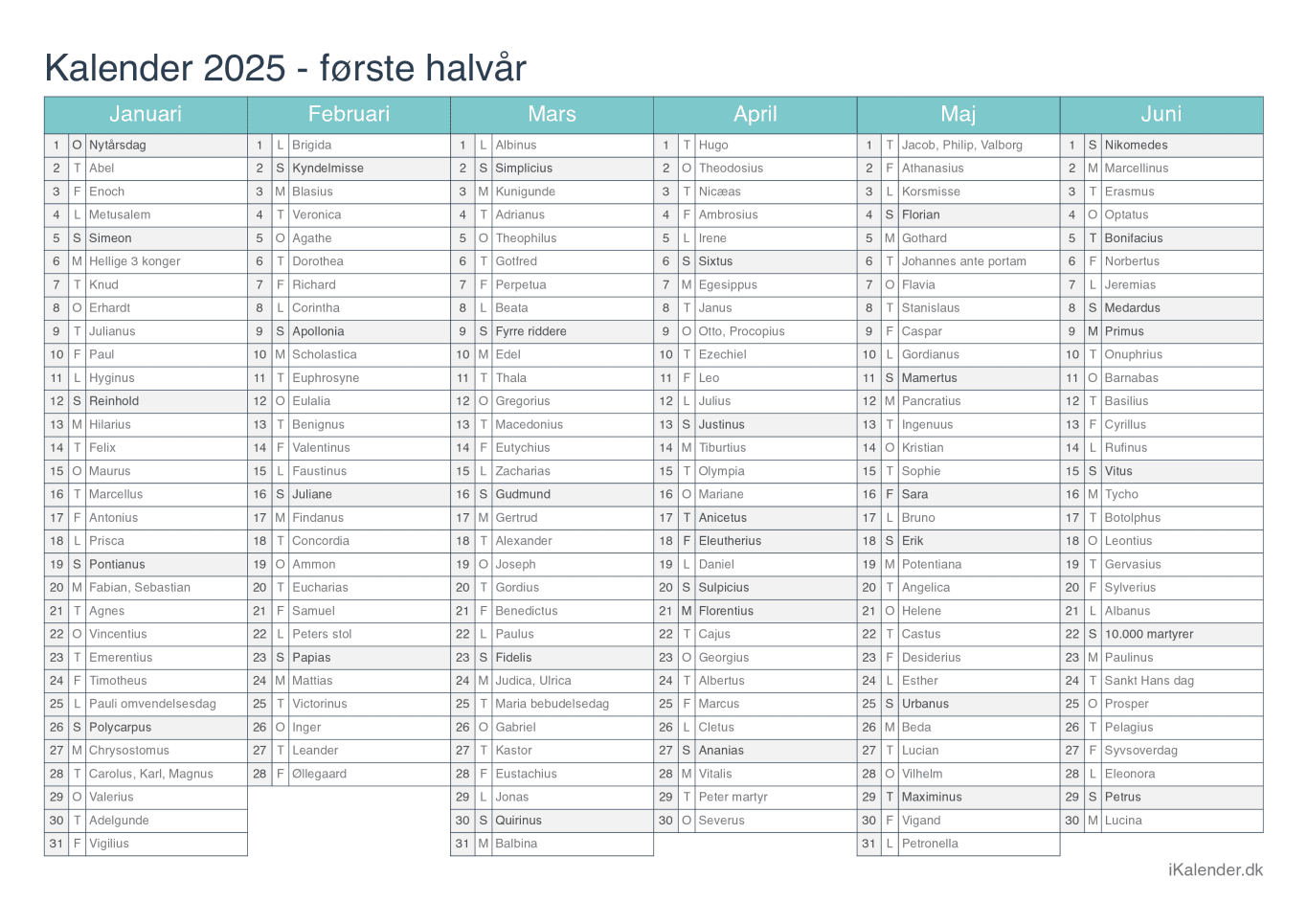 Halvårskalender 2025 med navnedage - Turkis