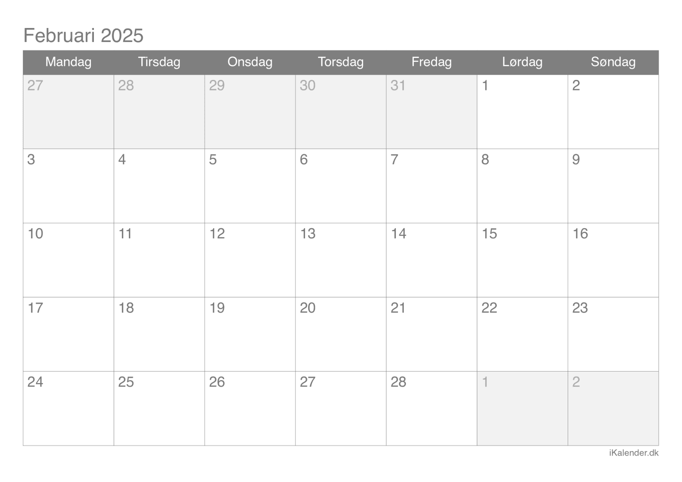 Kalender februar 2025