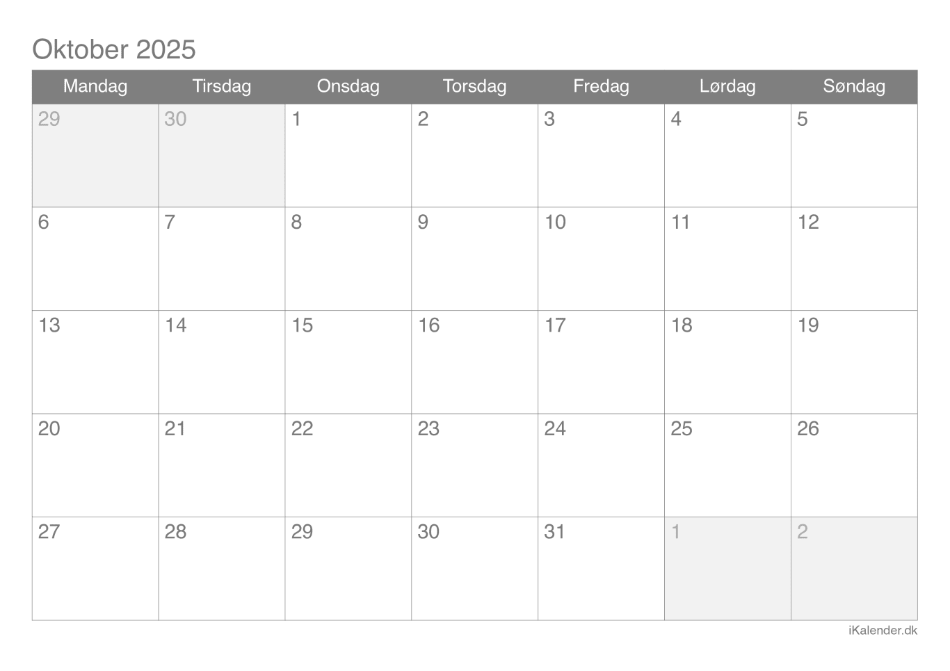 Kalender oktober 2025