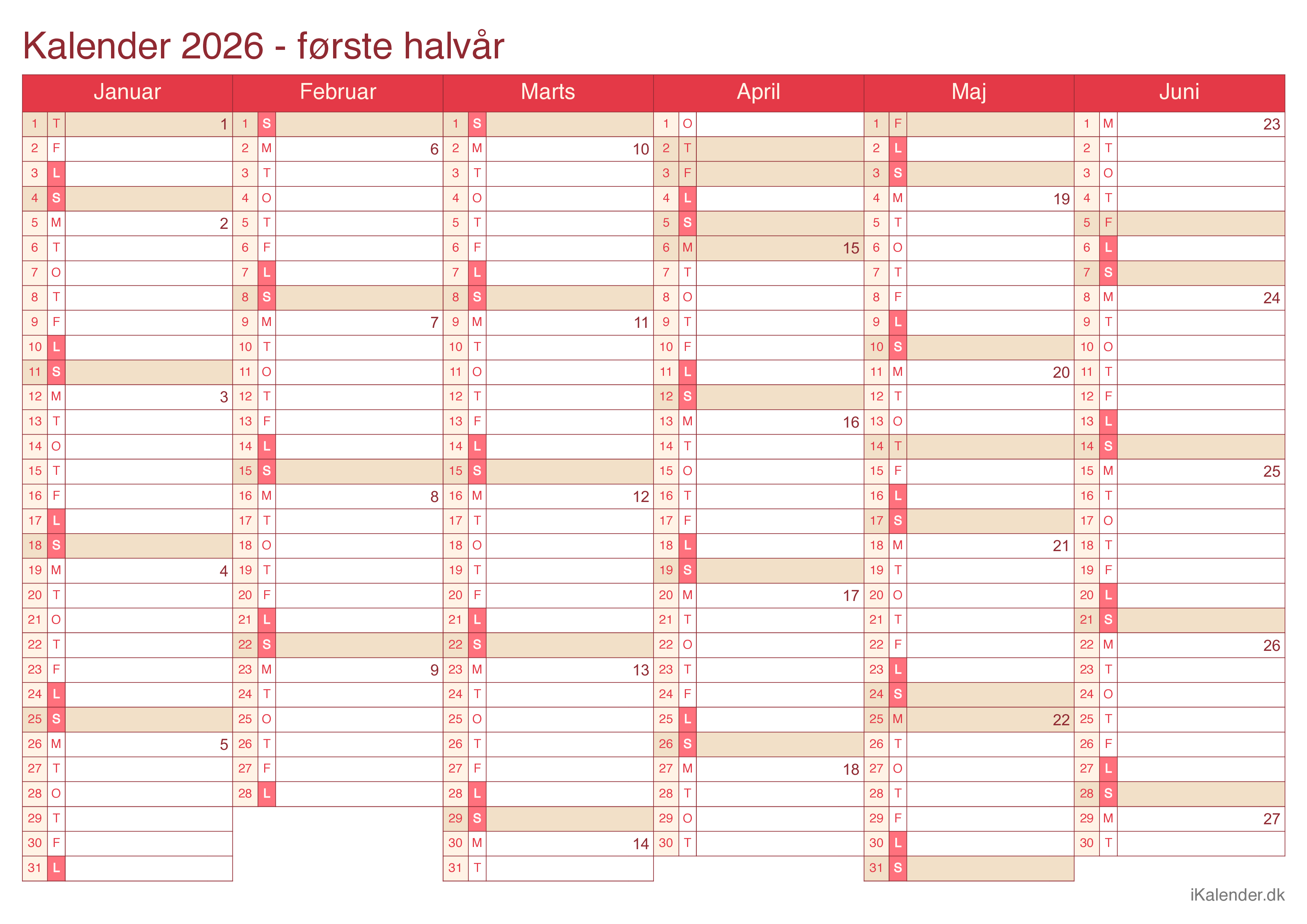 Halvårskalender 2026 med ugenumre - Cherry