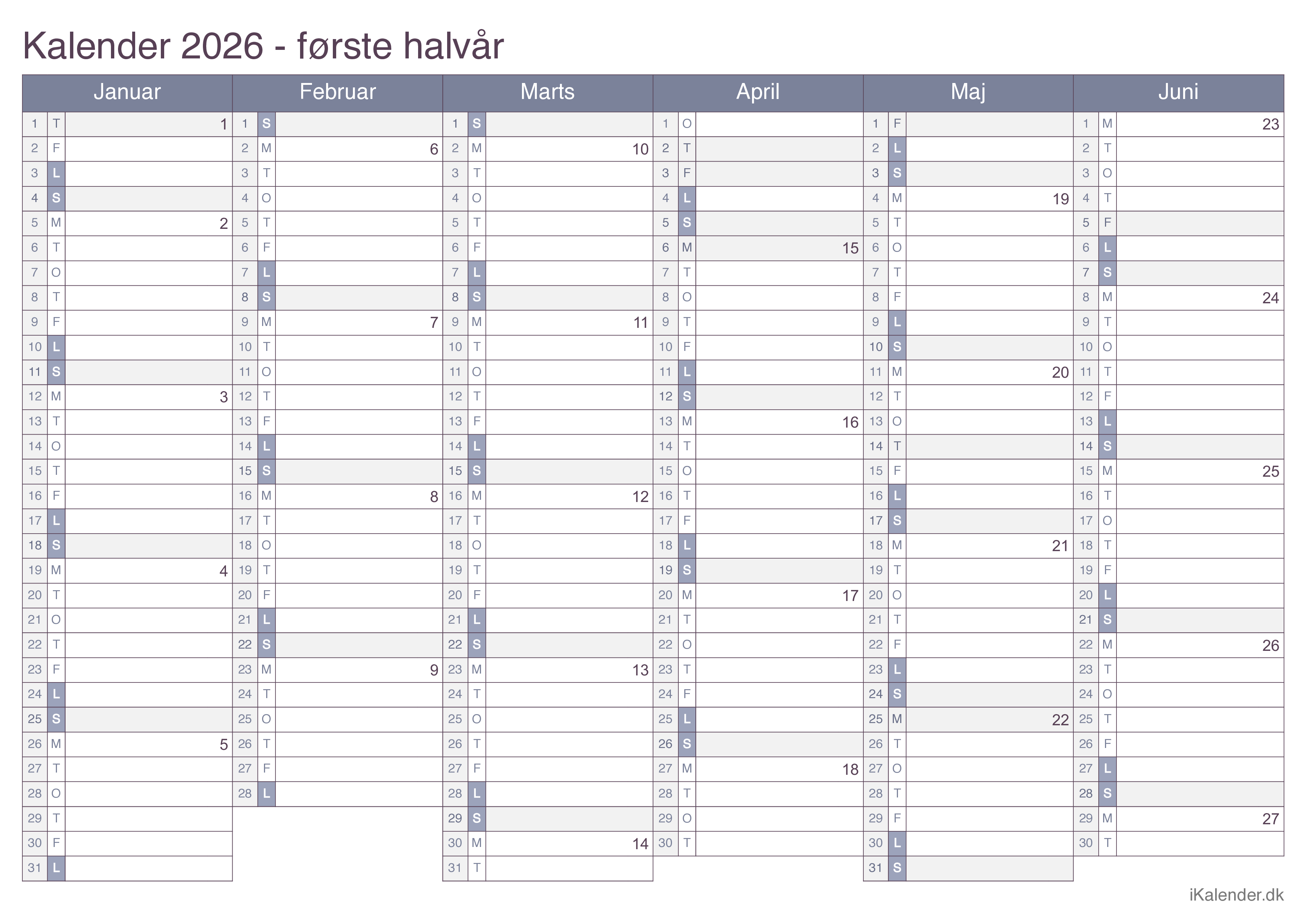 Halvårskalender 2026 med ugenumre - Office