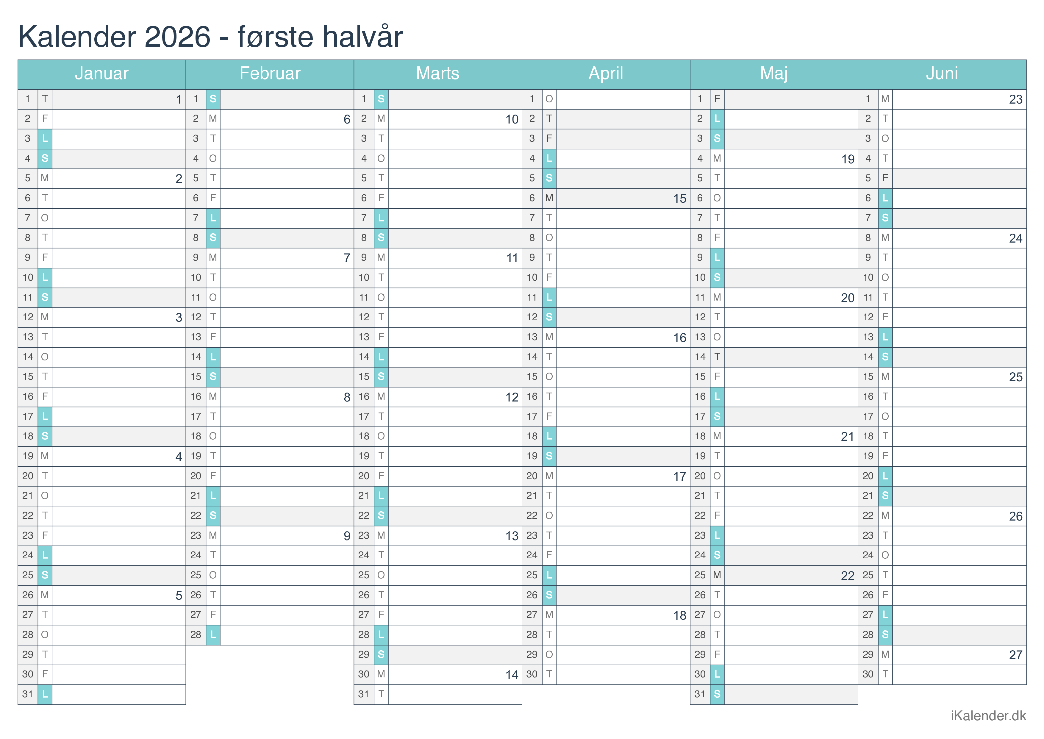 Halvårskalender 2026 med ugenumre - Turkis