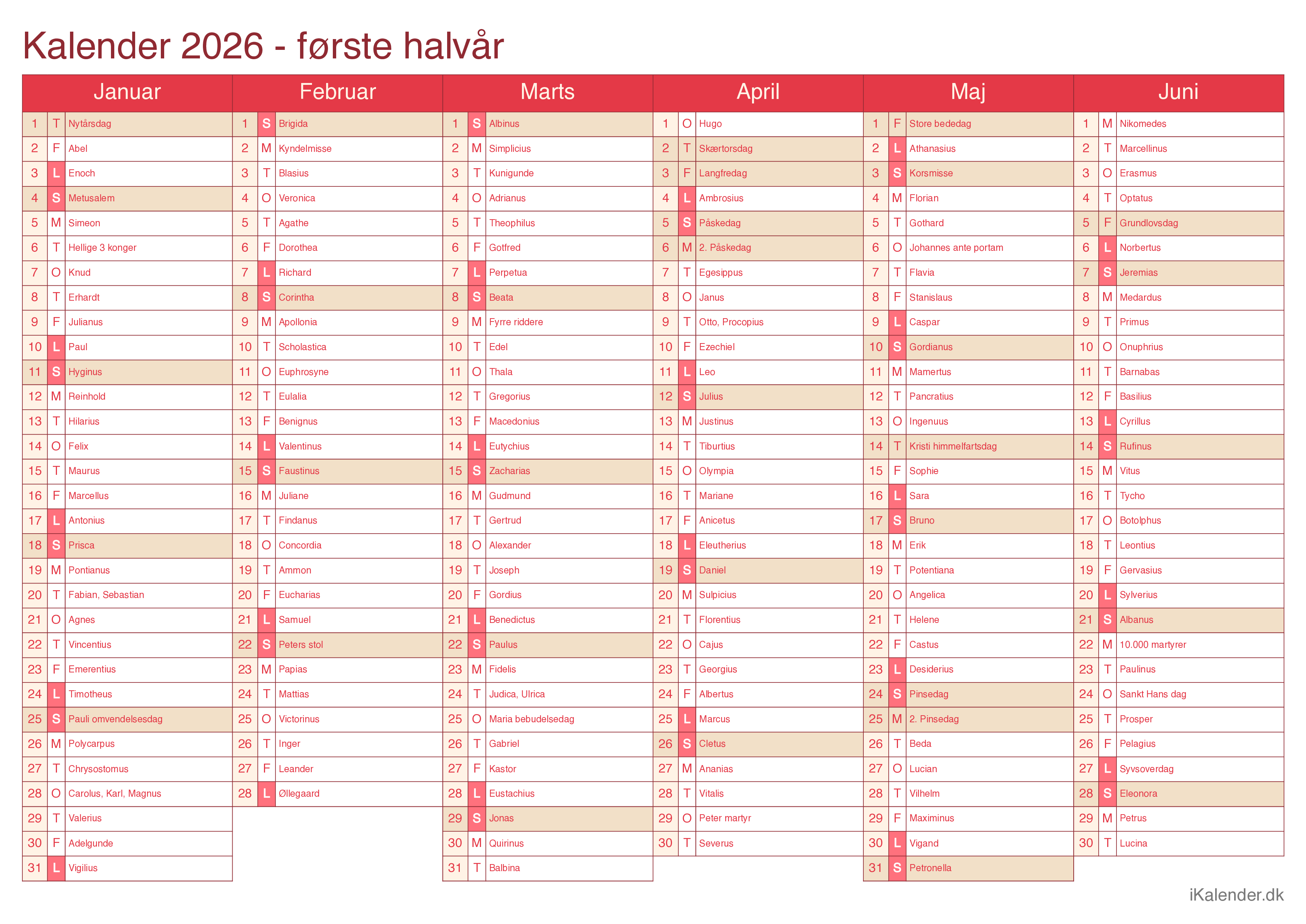 Halvårskalender 2026 med navnedage - Cherry