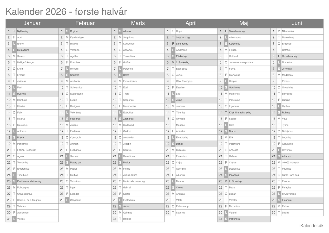 Halvårskalender 2026 med navnedage