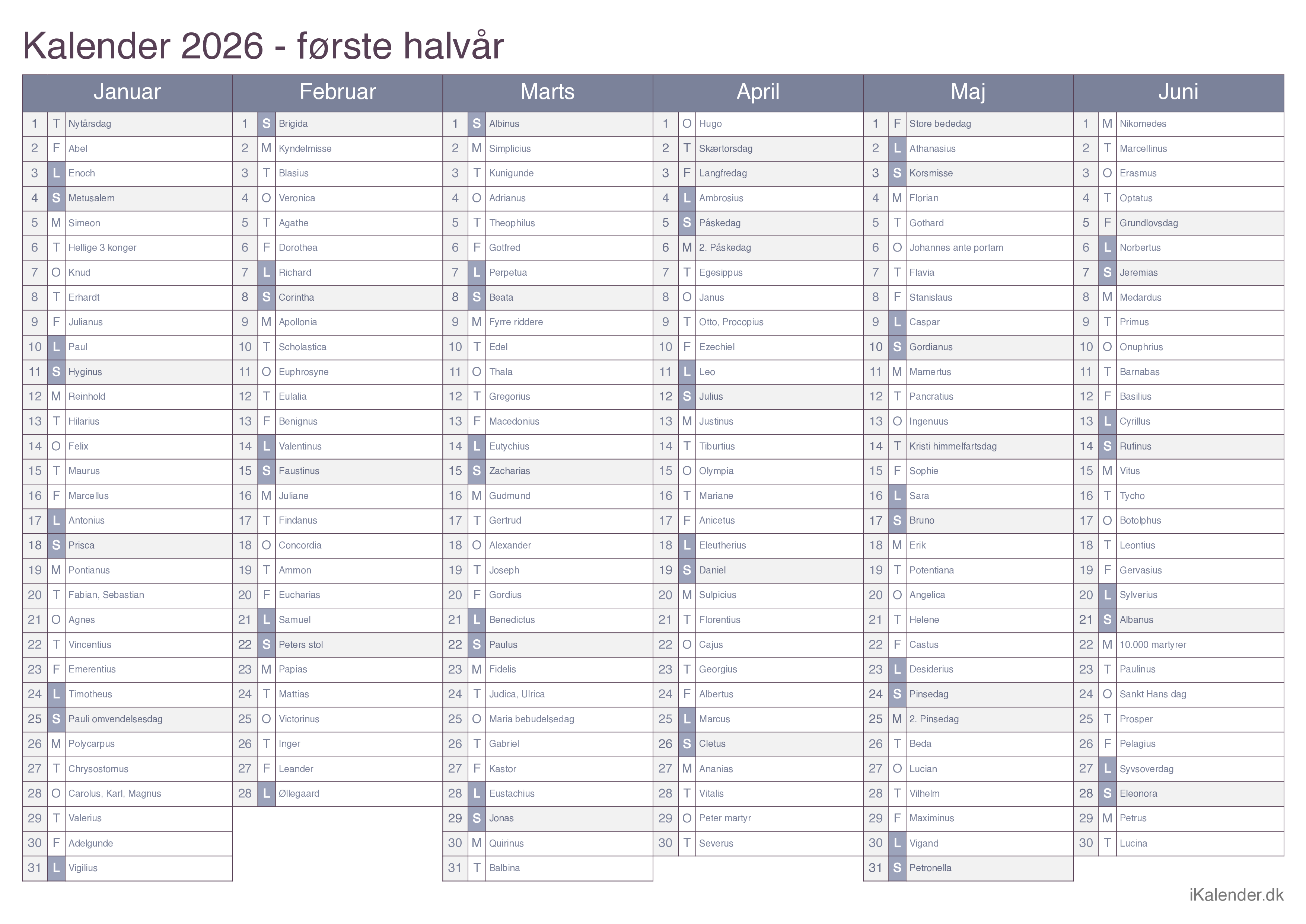 Halvårskalender 2026 med navnedage - Office