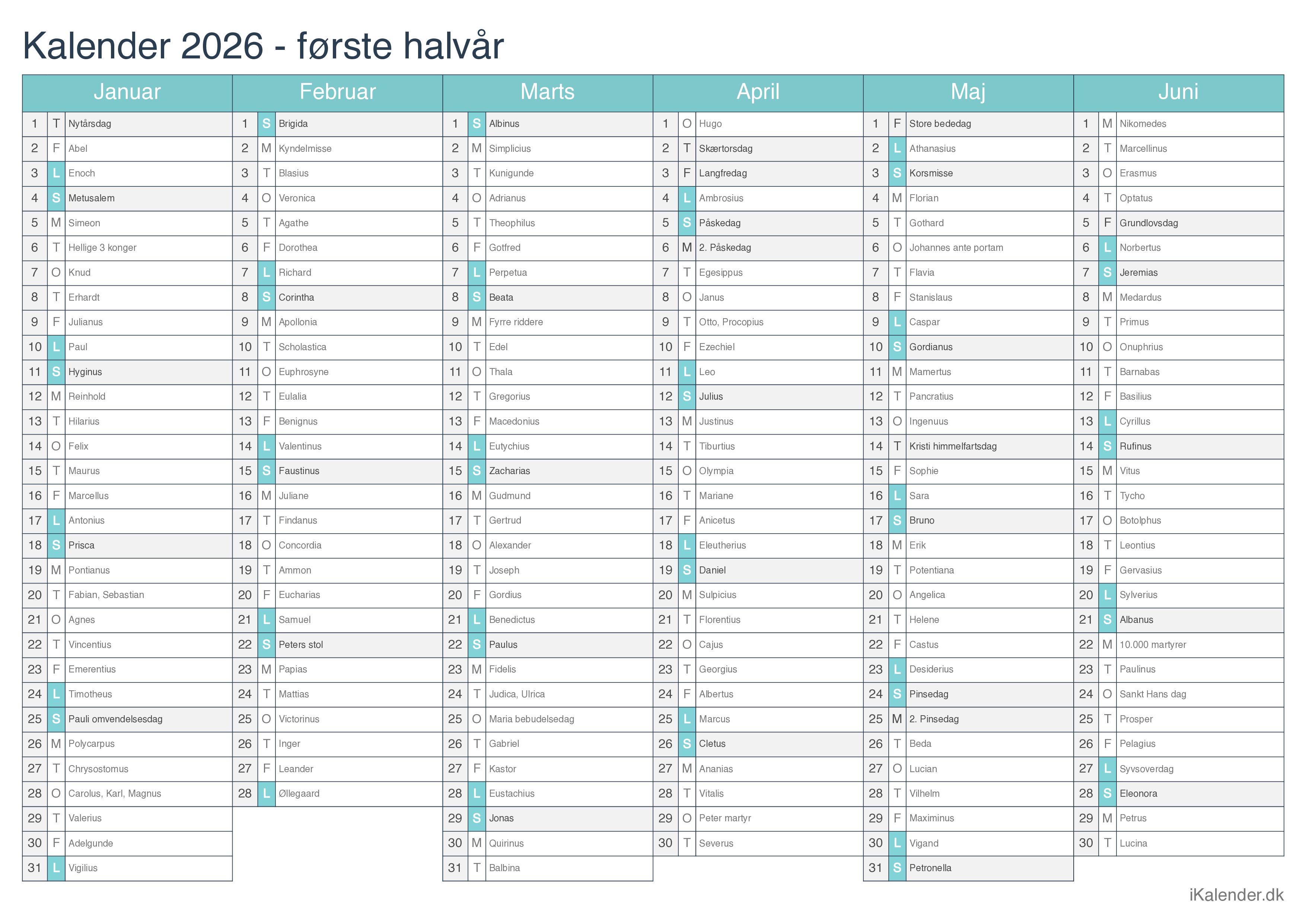 Halvårskalender 2026 med navnedage - Turkis