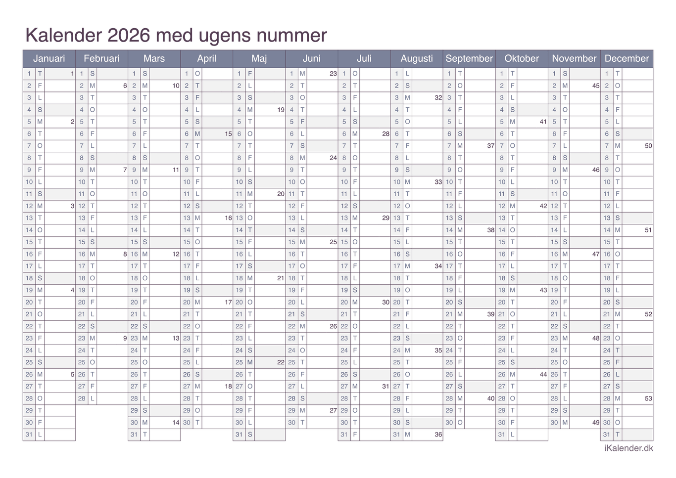 Kalender 2026 med ugenumre - Office