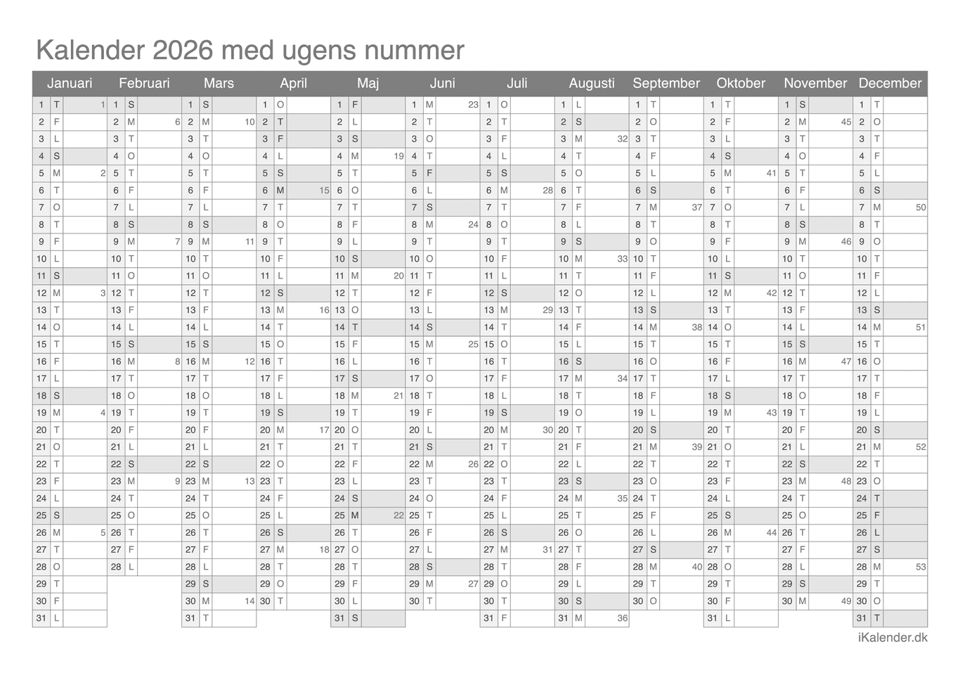 Kalender 2026 med ugenumre