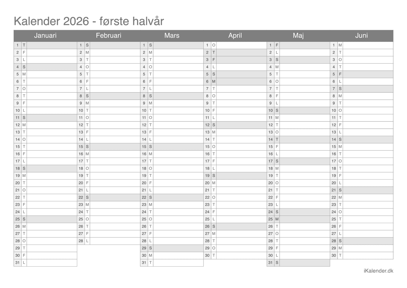 Halvårskalender 2026