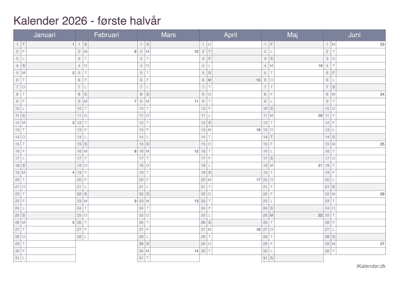 Halvårskalender 2026 med ugenumre - Office
