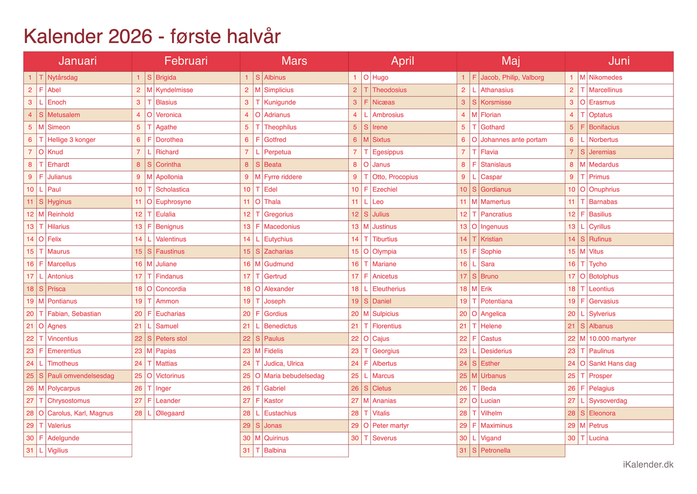 Halvårskalender 2026 med navnedage - Cherry