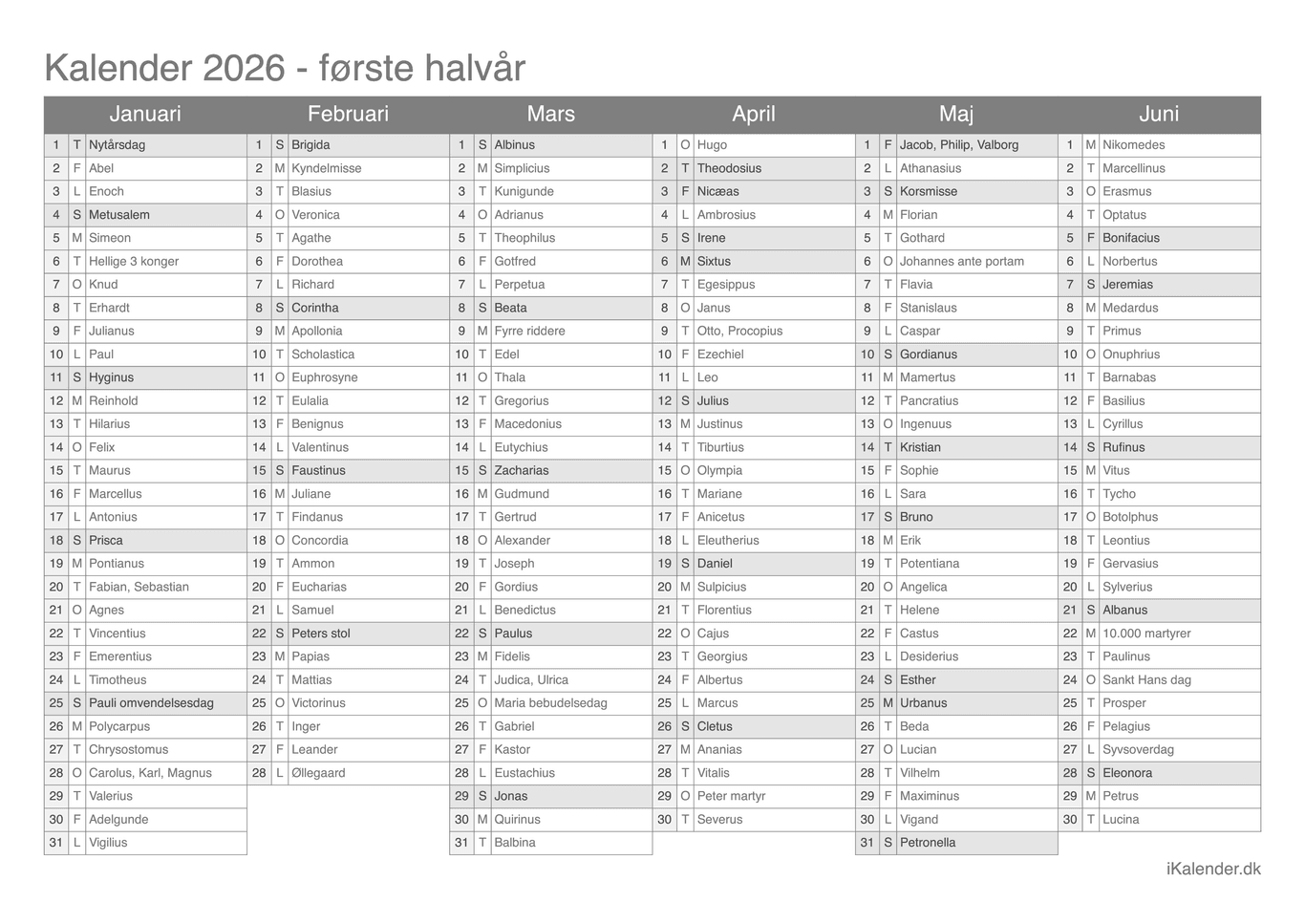 Halvårskalender 2026 med navnedage