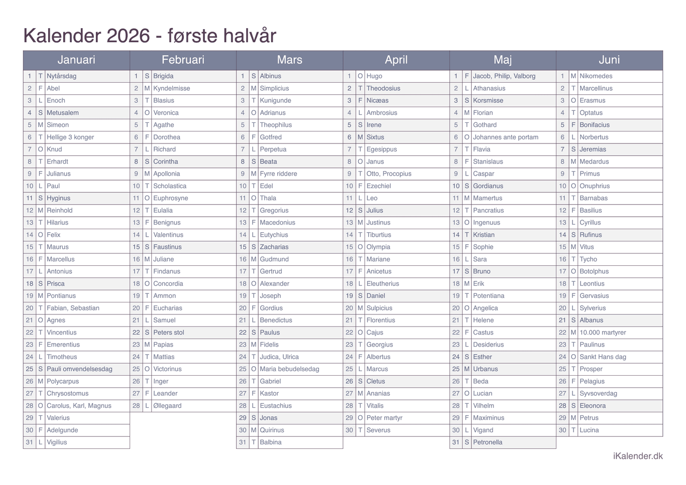 Halvårskalender 2026 med navnedage - Office