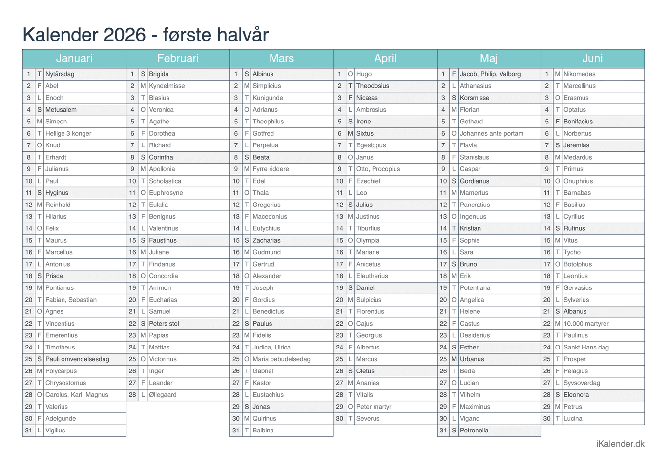 Halvårskalender 2026 med navnedage - Turkis