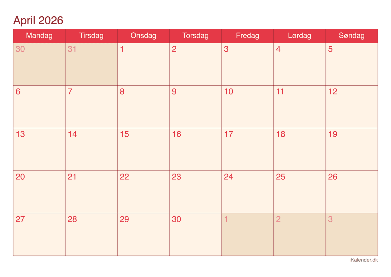 Kalender april 2026 - Cherry