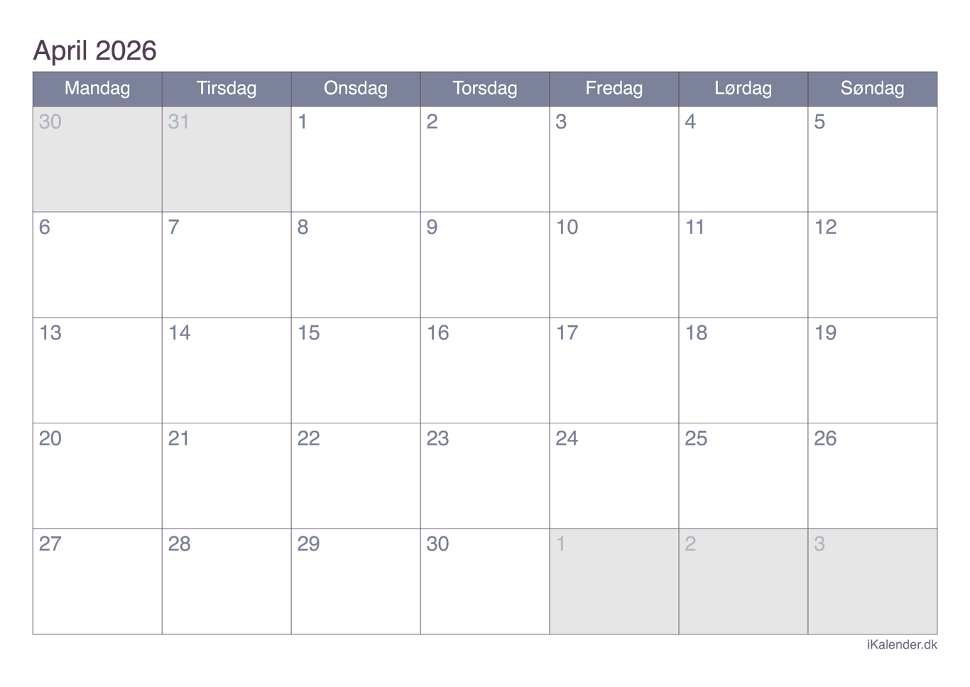 Kalender april 2026 - Office