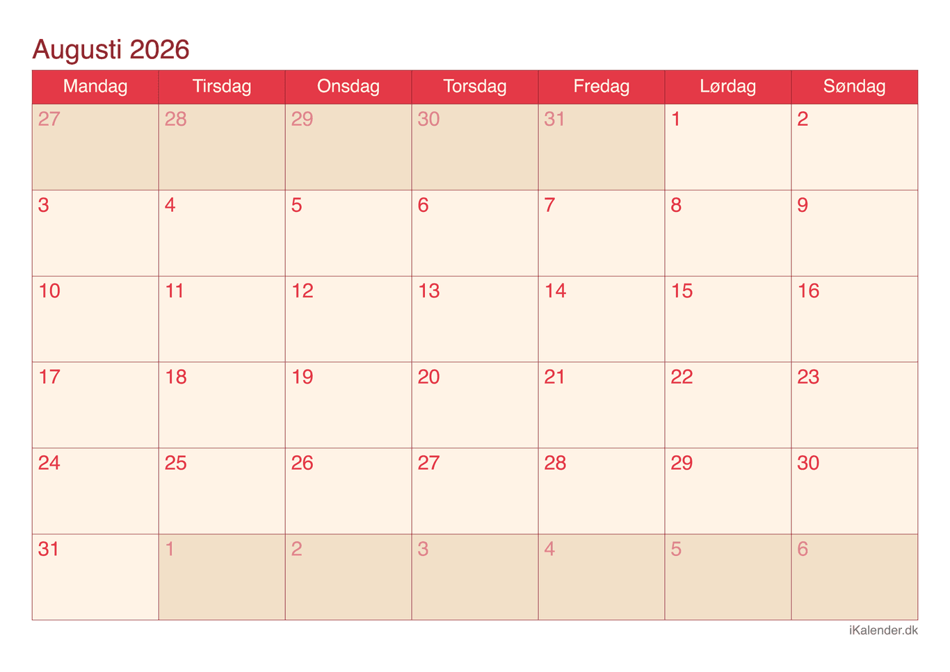 Kalender august 2026 - Cherry