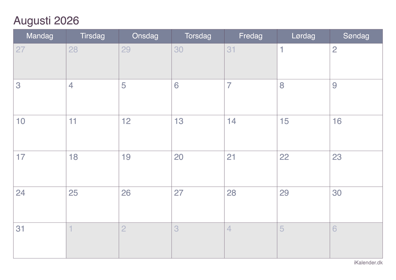 Kalender august 2026 - Office