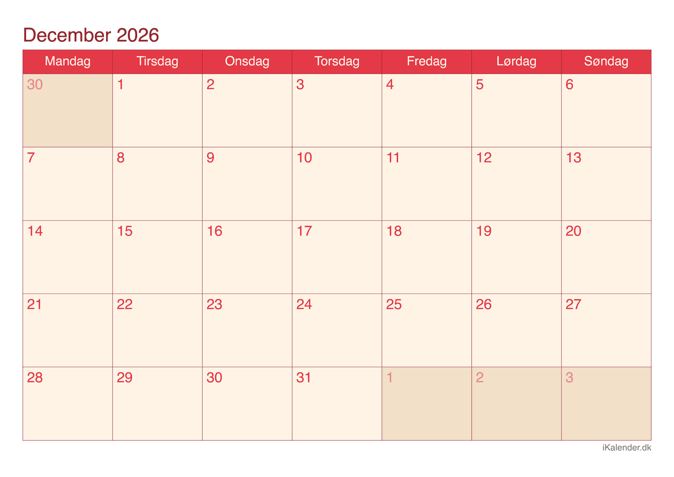 Kalender december 2026 - Cherry