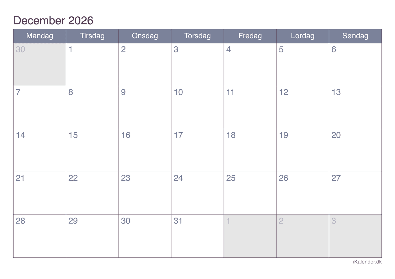 Kalender december 2026 - Office