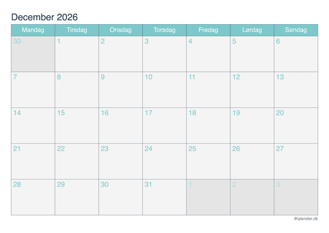Kalender december 2026 - Turkis