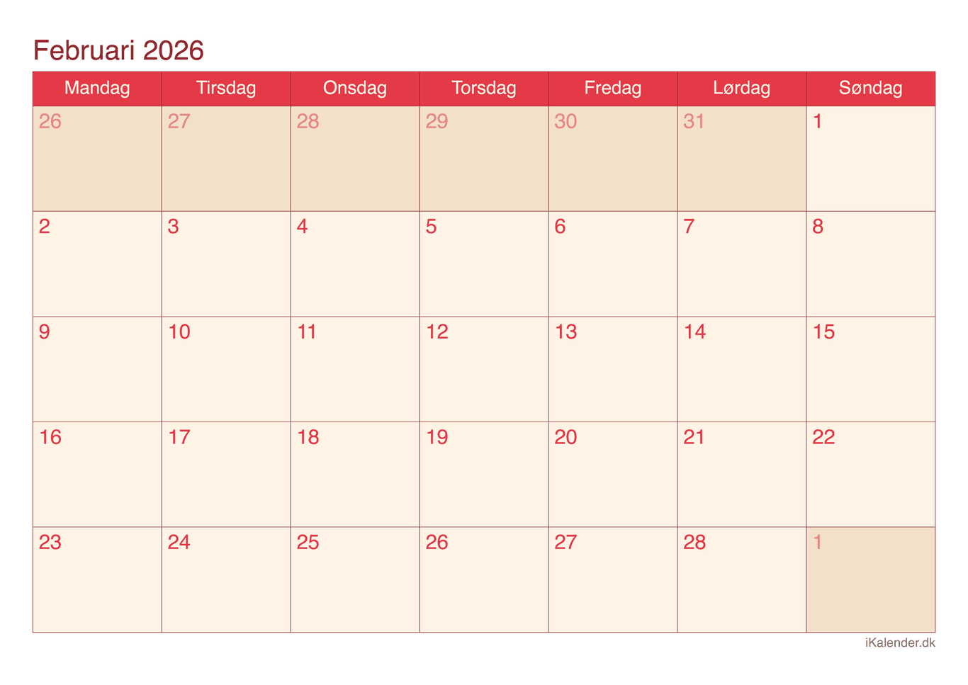 Kalender februar 2026 - Cherry