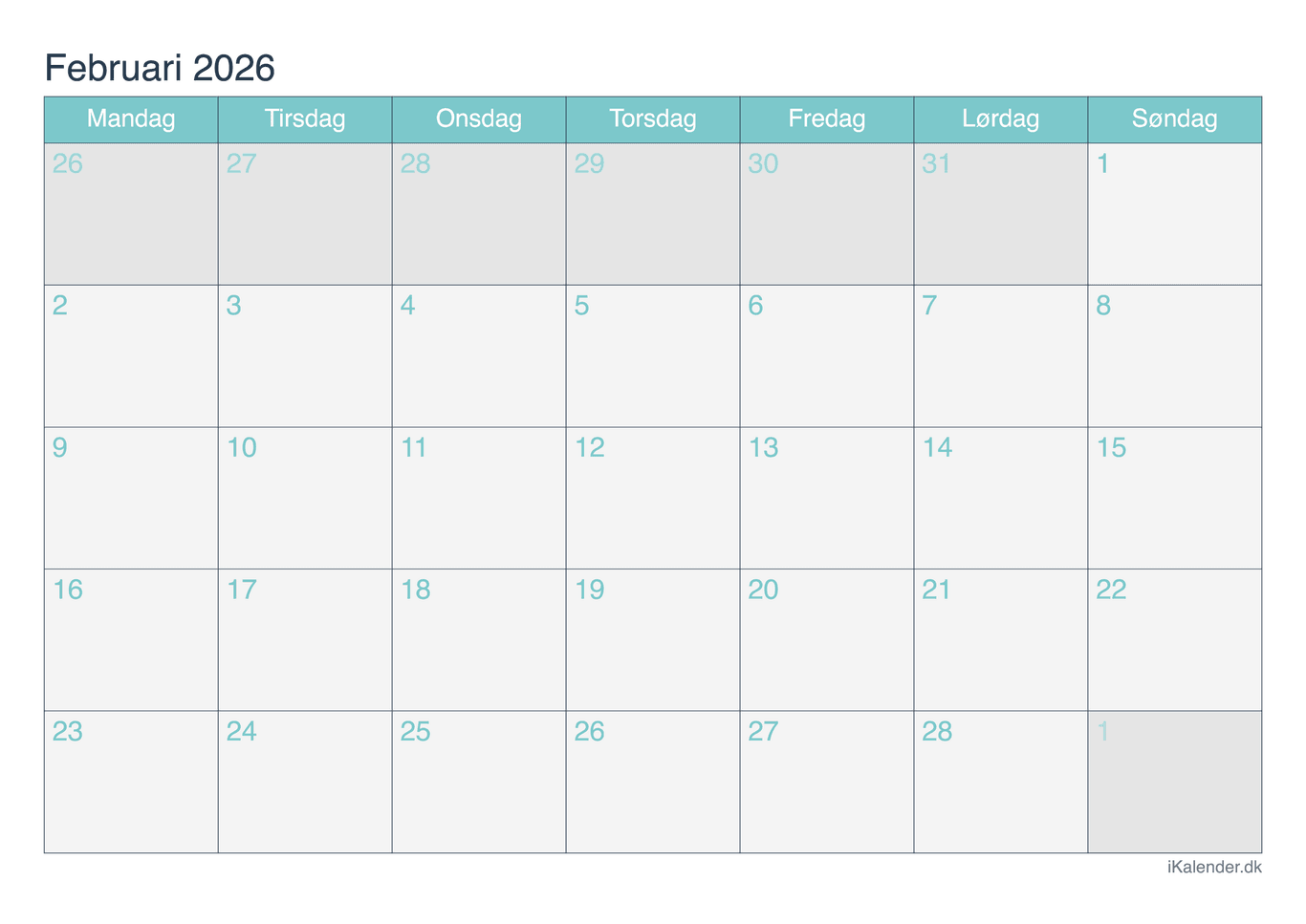 Kalender februar 2026 - Turkis