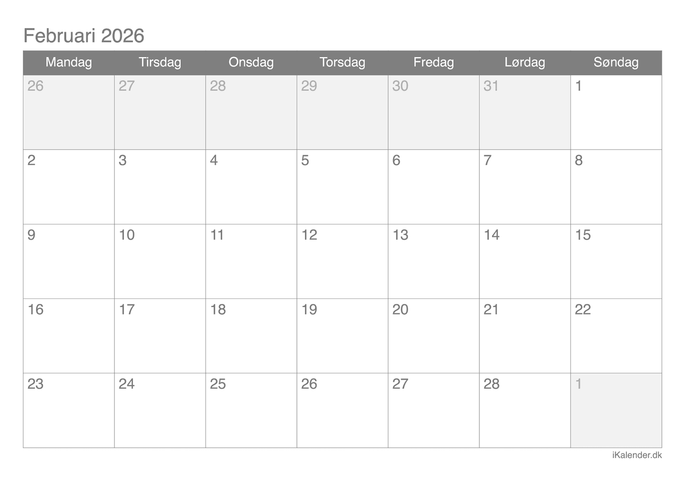 Kalender februar 2026