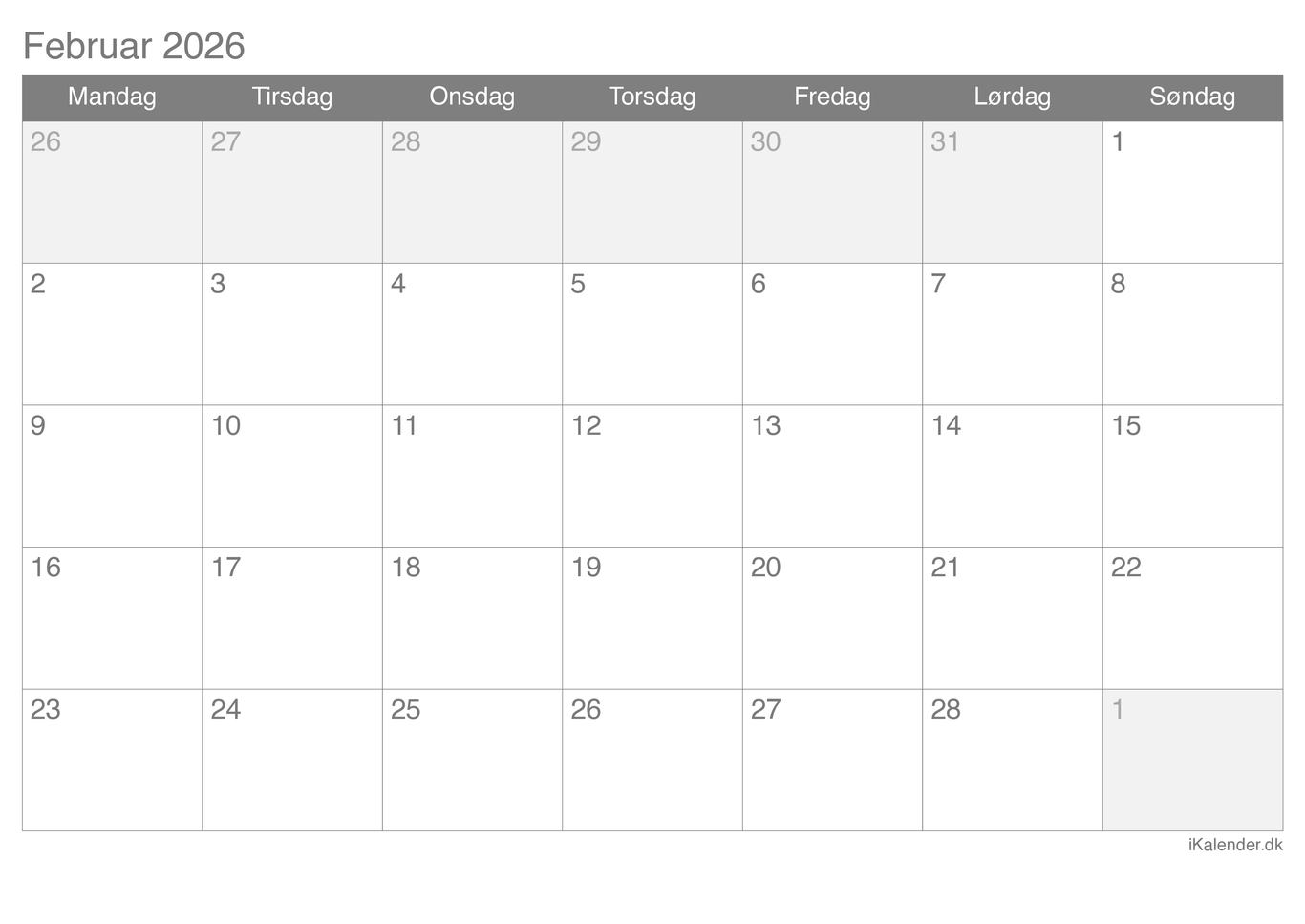 Kalender februar 2026