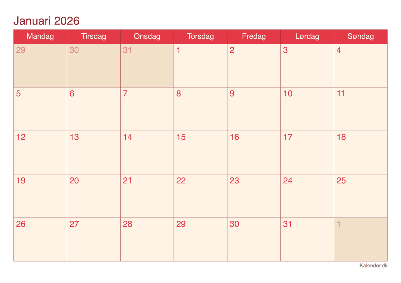 Kalender januar 2026 - Cherry