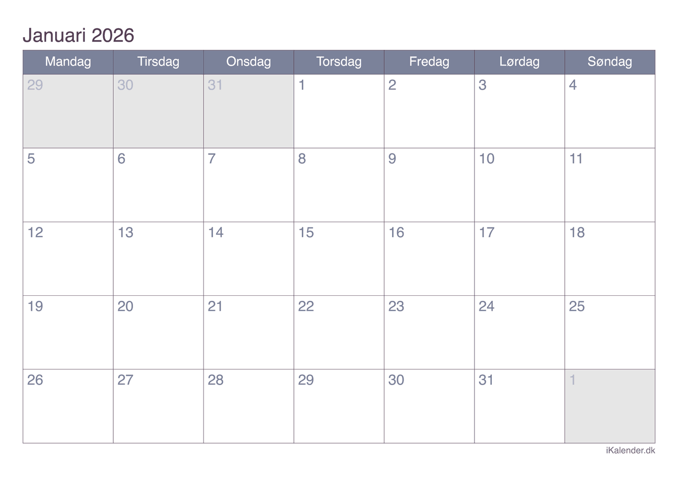 Kalender januar 2026 - Office