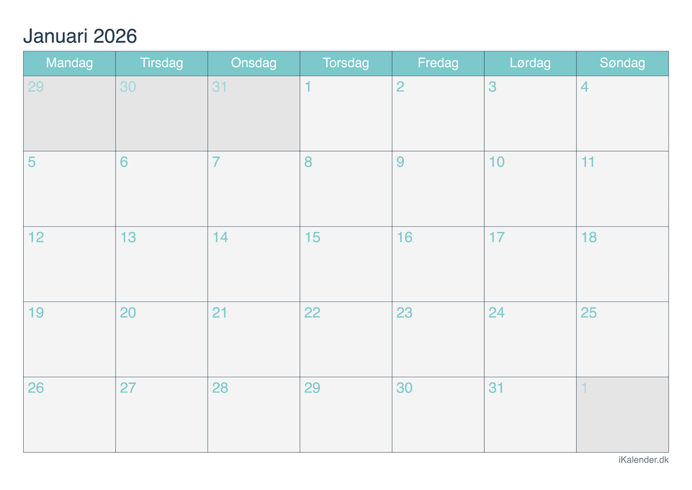 Kalender januar 2026 - Turkis