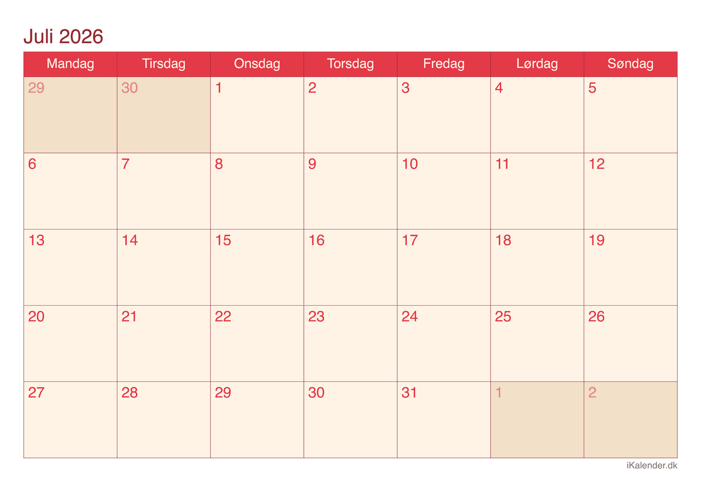 Kalender juli 2026 - Cherry