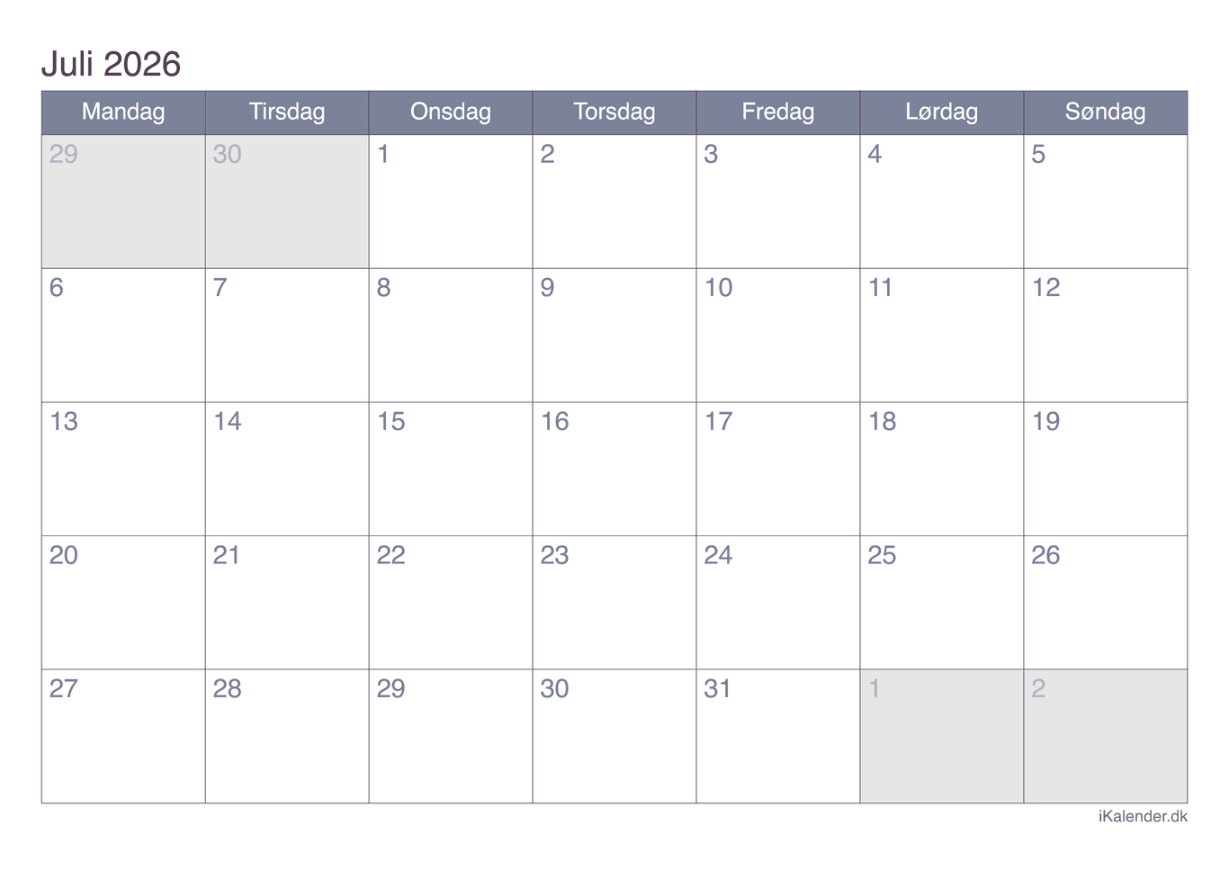 Kalender juli 2026 - Office