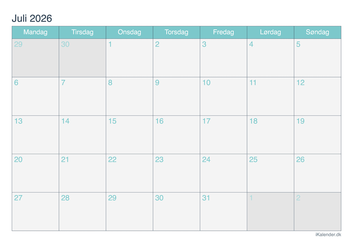 Kalender juli 2026 - Turkis